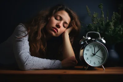 Young Woman Sleeping Beside An Alarm Clock