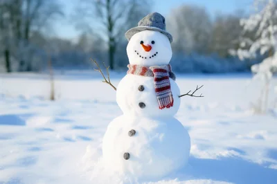 Cheerful Snowman Standing in a Snowy Winter Landscape