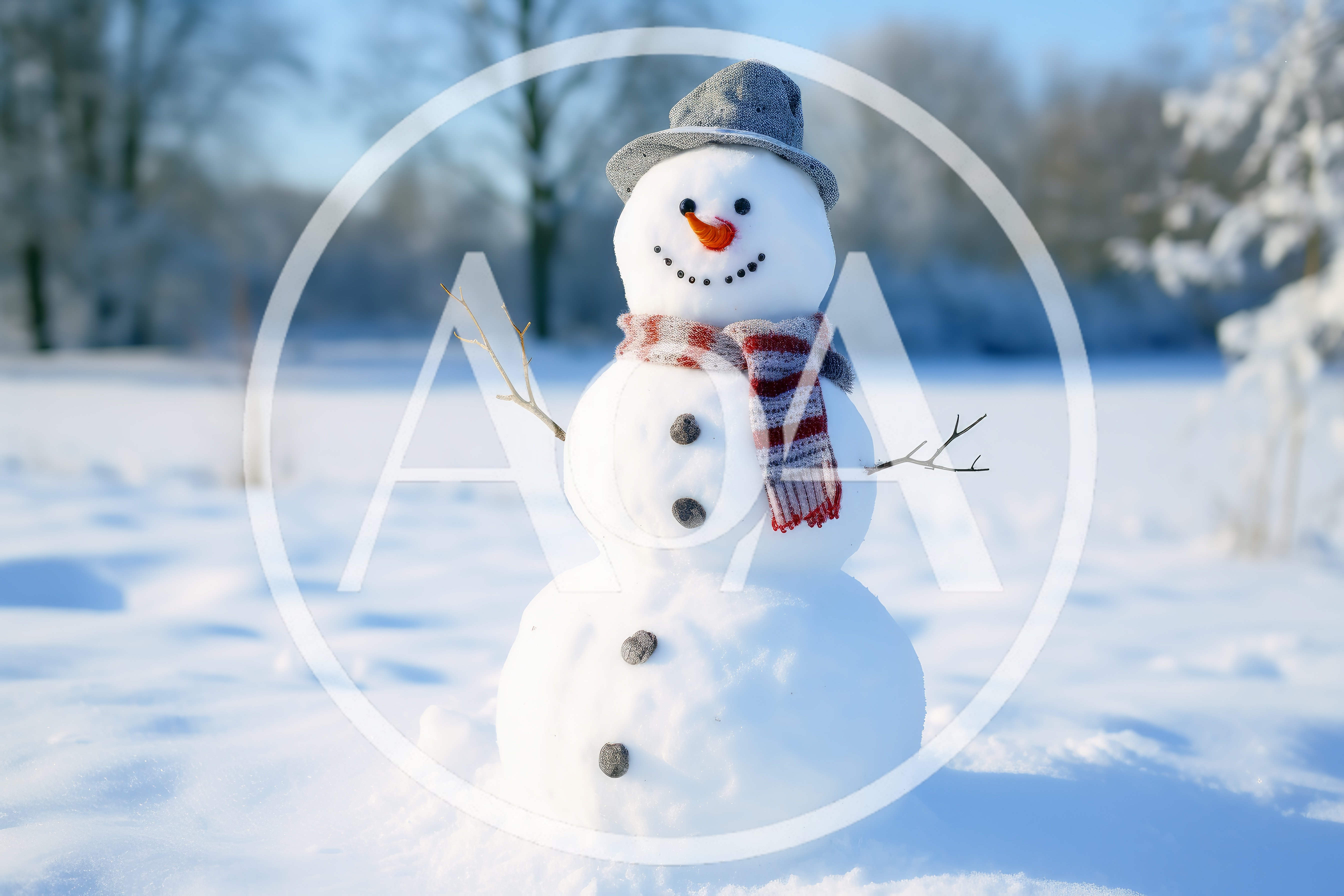 Cheerful Snowman Standing in a Snowy Winter Landscape