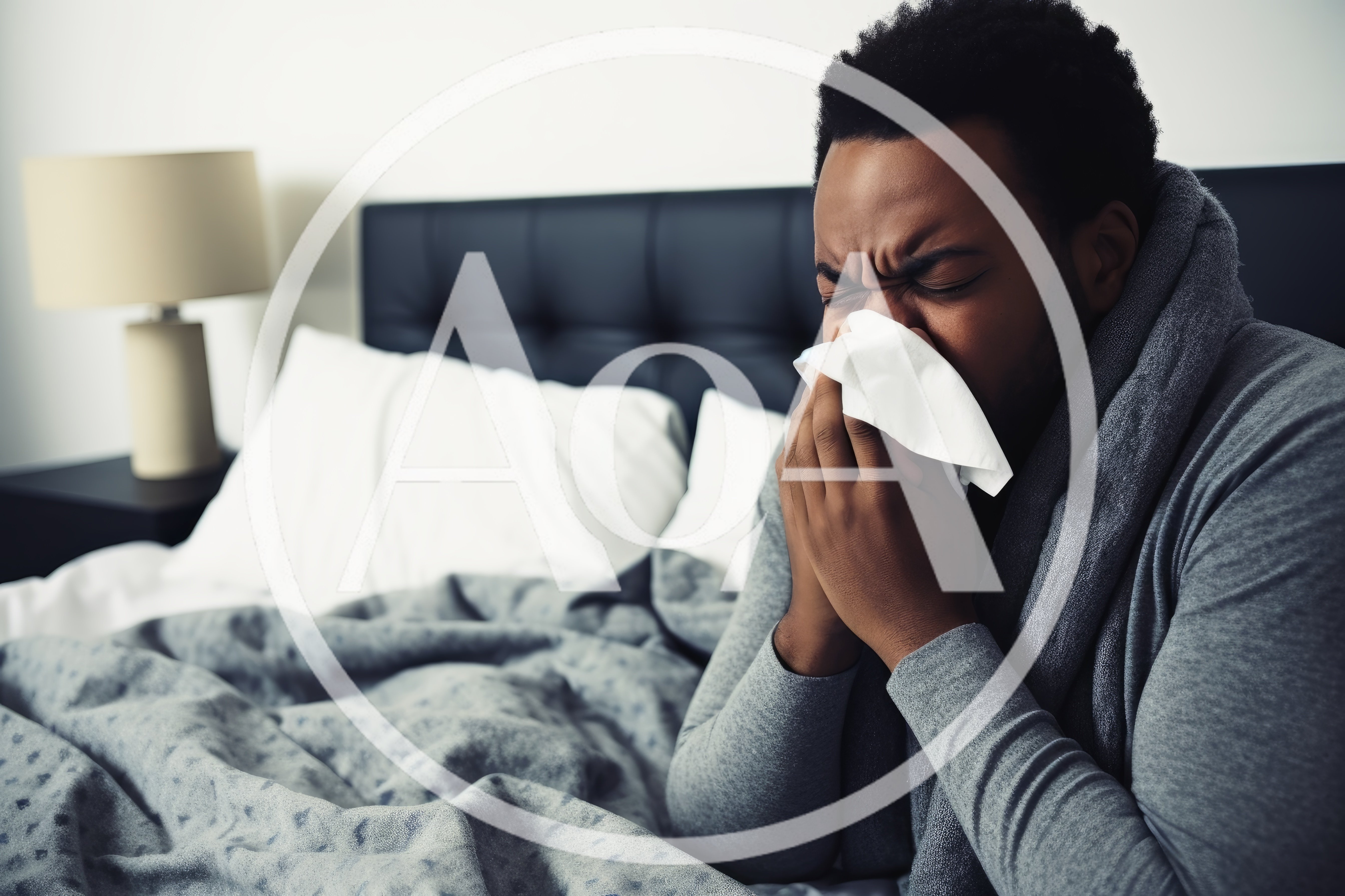 Sick Man Blowing Nose In Bed