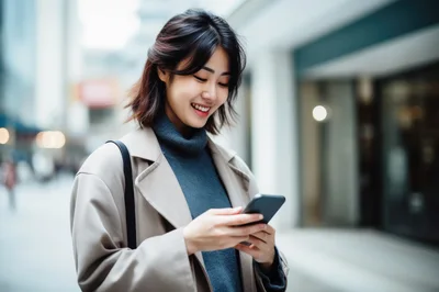 Young Asian Woman Using Smartphone In City Street