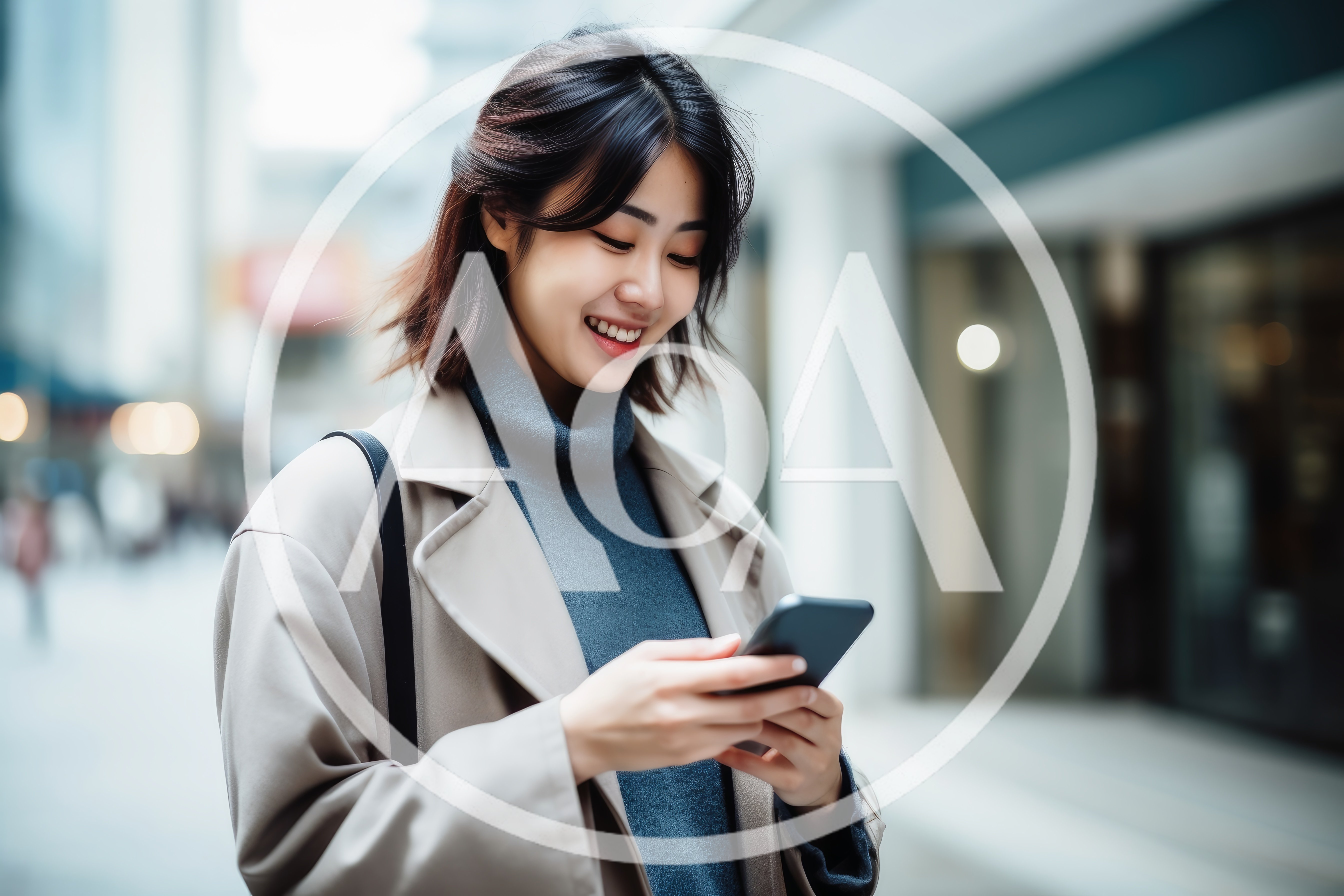 Young Asian Woman Using Smartphone In City Street