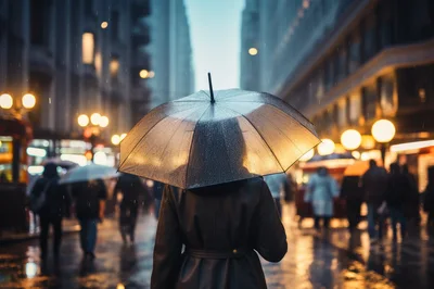 Person Walking With Umbrella In Rainy City Street
