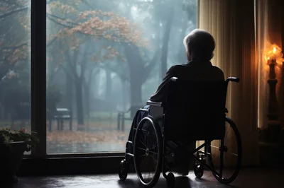 Elderly Person Sitting In Wheelchair Looking Out Window