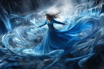 Fantasy Woman Dancing In Magical Blue Energy Vortex