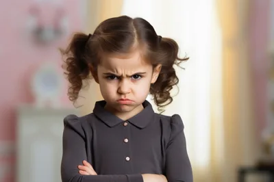 Angry Little Girl With Pigtails Crossing Her Arms