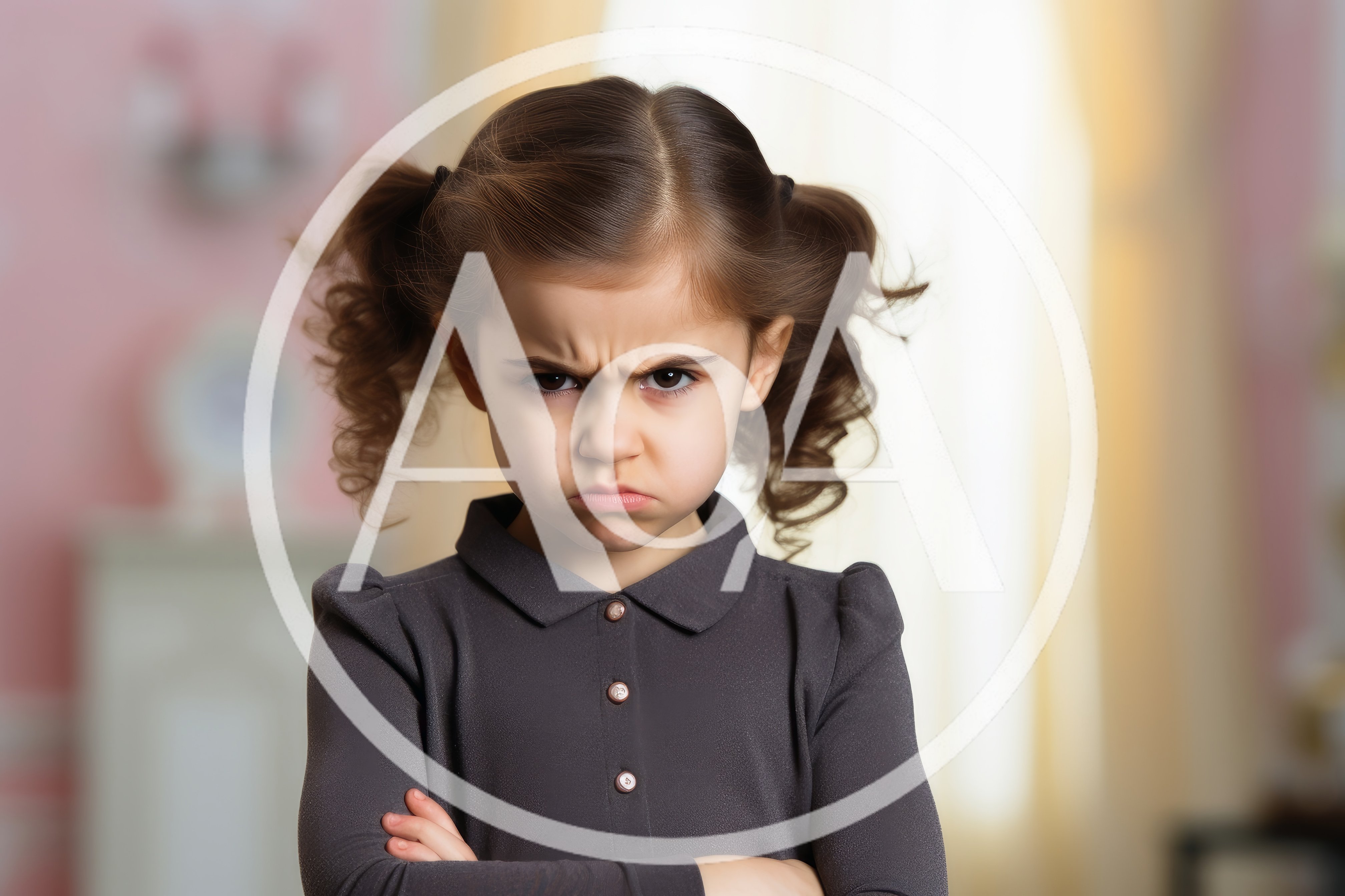 Angry Little Girl With Pigtails Crossing Her Arms