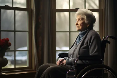 Elderly Woman Sitting In Wheelchair By Window