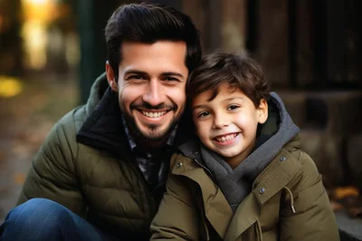 Smiling Father And Son Posing Outdoors In Autumn