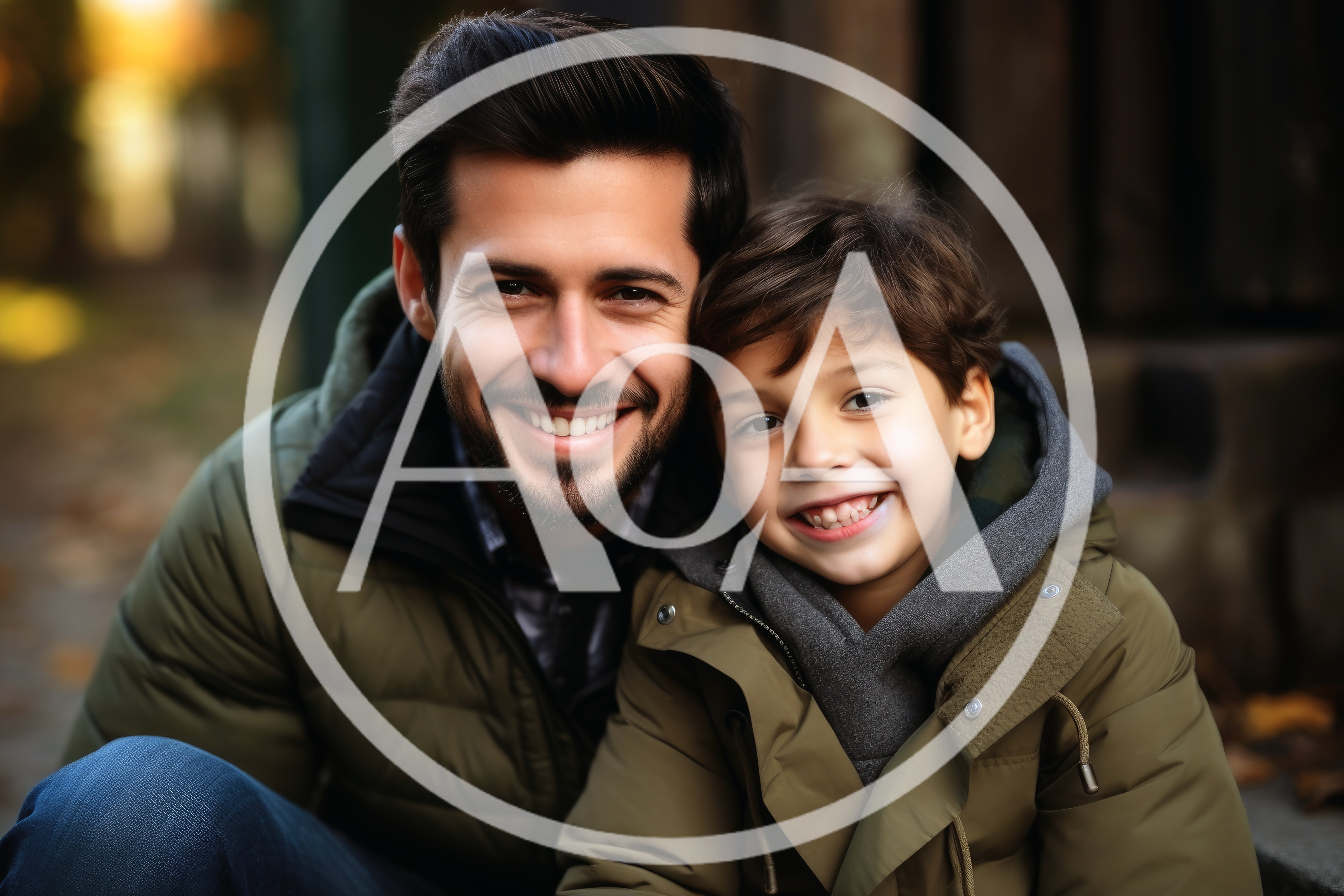 Smiling Father And Son Posing Outdoors In Autumn