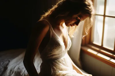 Young Woman In Lace Dress Sitting By Window