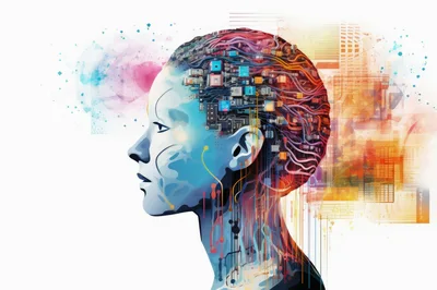 Digital Human Head With Circuitry And Abstract Data