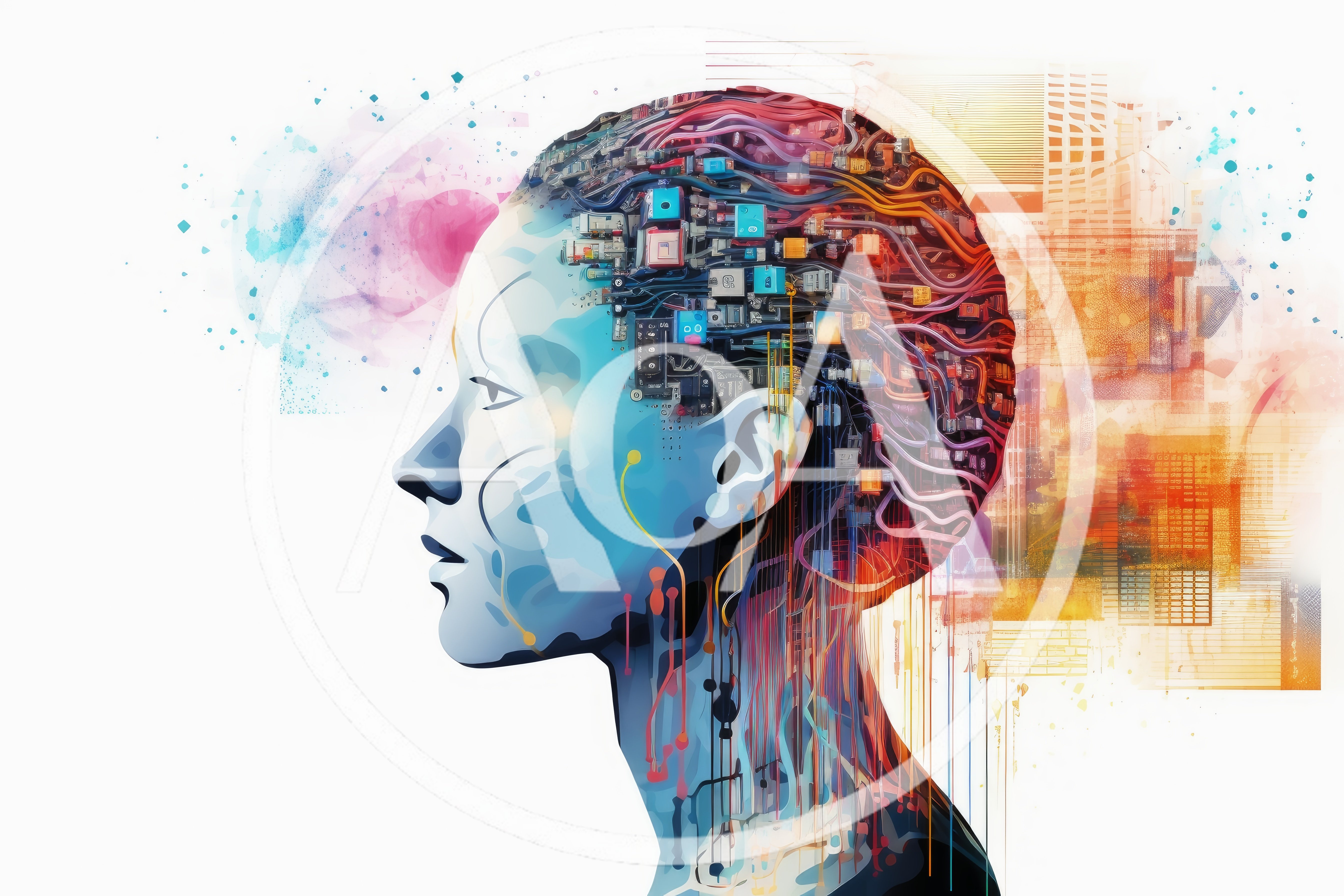 Digital Human Head With Circuitry And Abstract Data