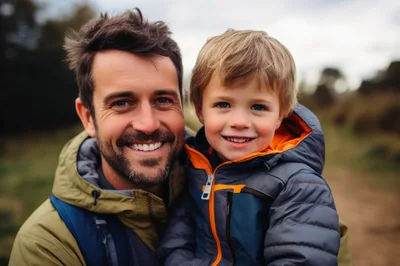 Father And Son Smiling Outdoors In Winter Jackets