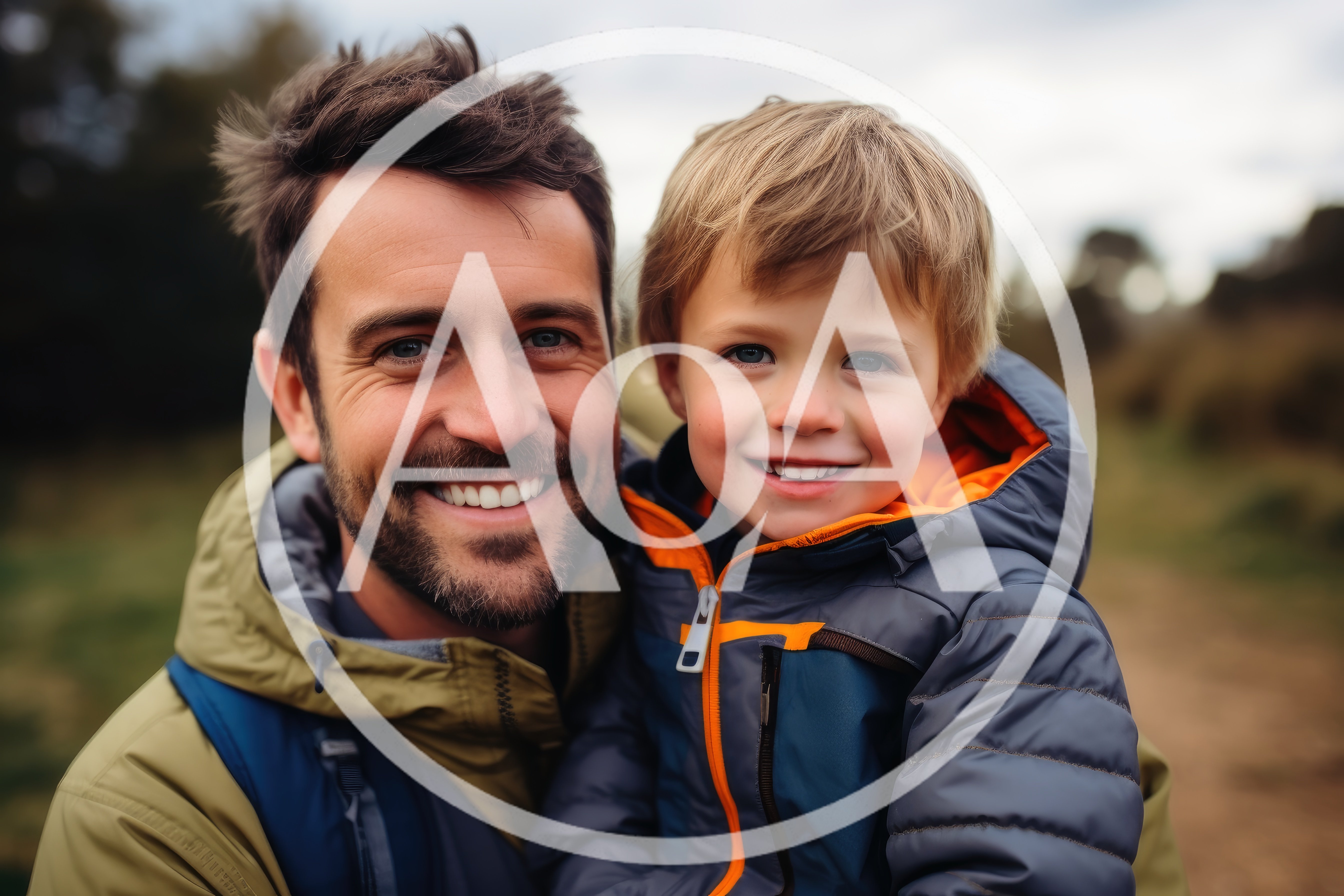 Father And Son Smiling Outdoors In Winter Jackets
