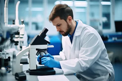 Male Scientist Examining Samples Under Microscope In Laboratory