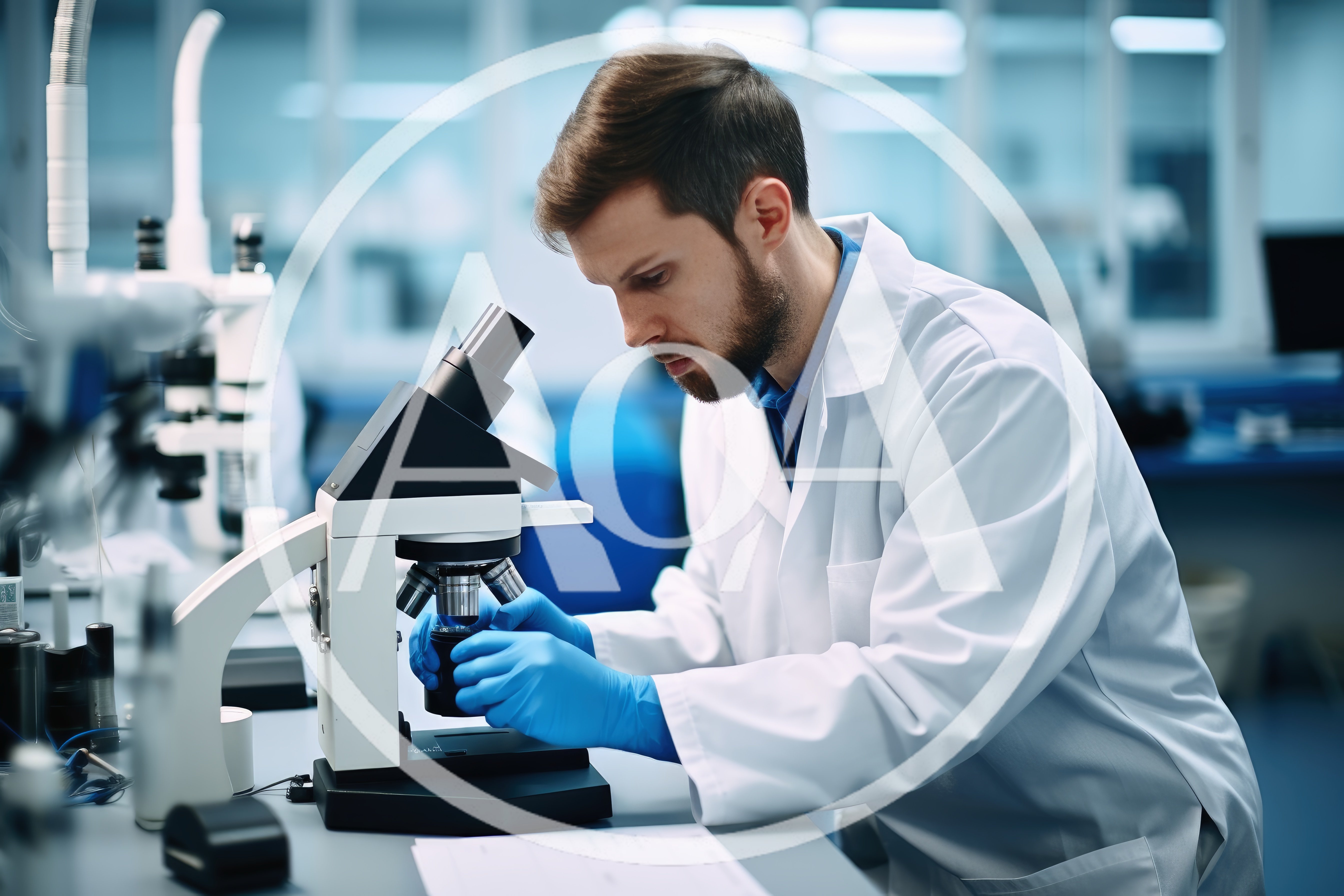 Male Scientist Examining Samples Under Microscope In Laboratory