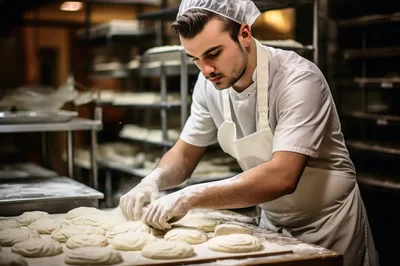 Professional Baker Kneading Dough In A Commercial Kitchen