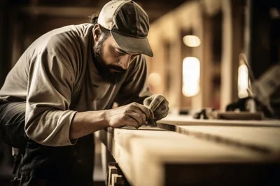 Professional Woodworker Sanding A Wooden Plank In Workshop