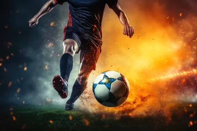 Soccer Player Kicking Ball With Explosive Fire Effects