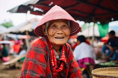 Elderly Asian Woman Wearing Traditional Red Conical Hat