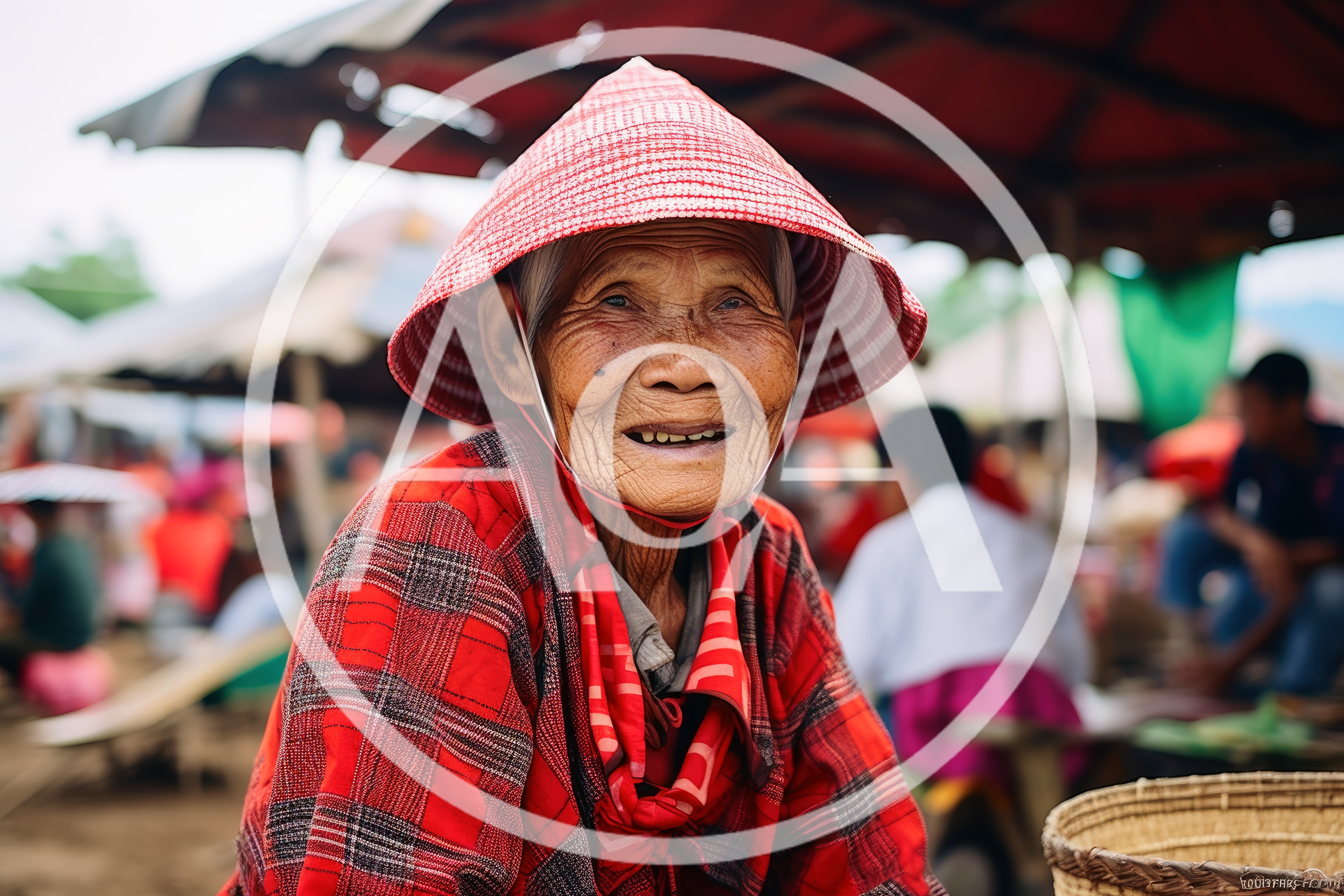 Elderly Asian Woman Wearing Traditional Red Conical Hat