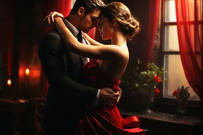 Elegant Couple Embracing In A Romantic Dimly Lit Room
