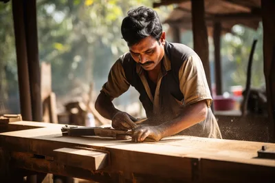 Skilled Carpenter Planing Wood In A Traditional Workshop