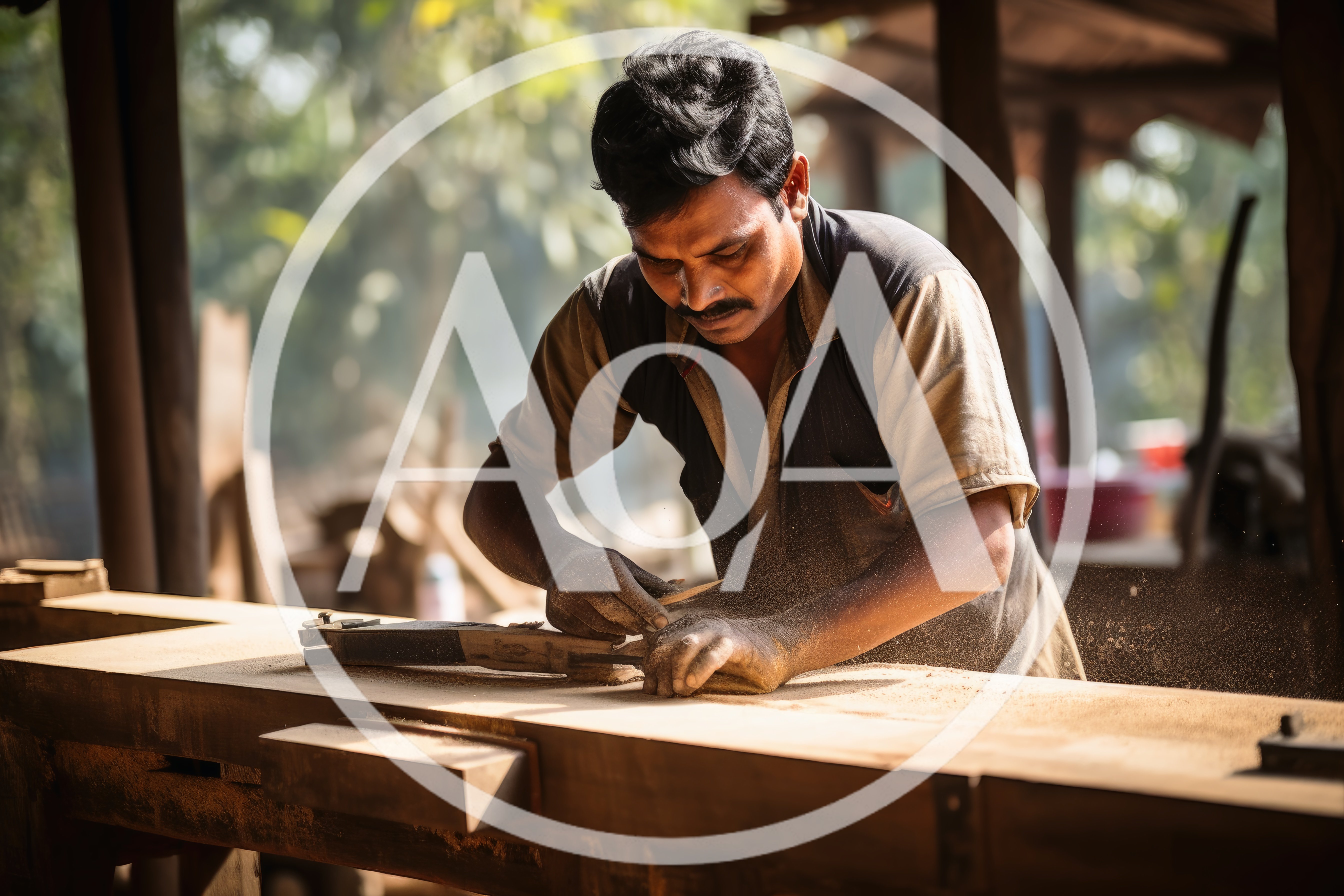 Skilled Carpenter Planing Wood In A Traditional Workshop