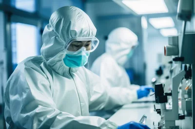 Scientists Working In A Sterile Laboratory Environment