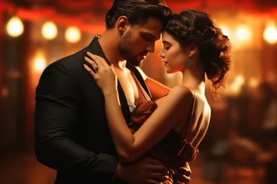 Elegant Couple Embracing In A Romantic Ballroom Setting