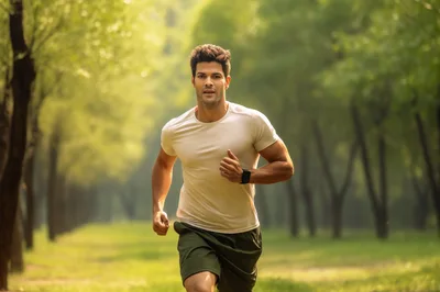 Fit Man Jogging Through A Sunny Green Park