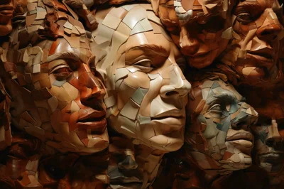 Abstract Mosaic Sculpture Of Multiple Human Faces
