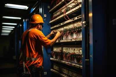 Technician Working On Industrial Electrical Control Panel