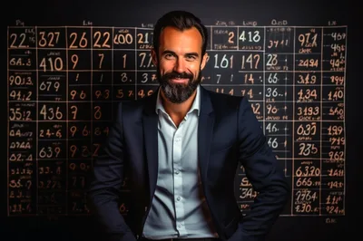 Confident Businessman Standing Before A Financial Data Grid