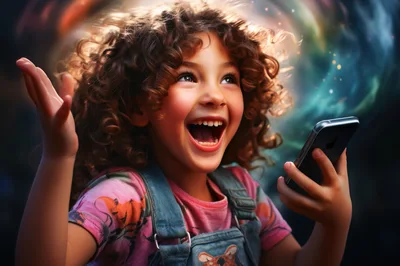Excited Young Girl Holding Smartphone With Magical Background