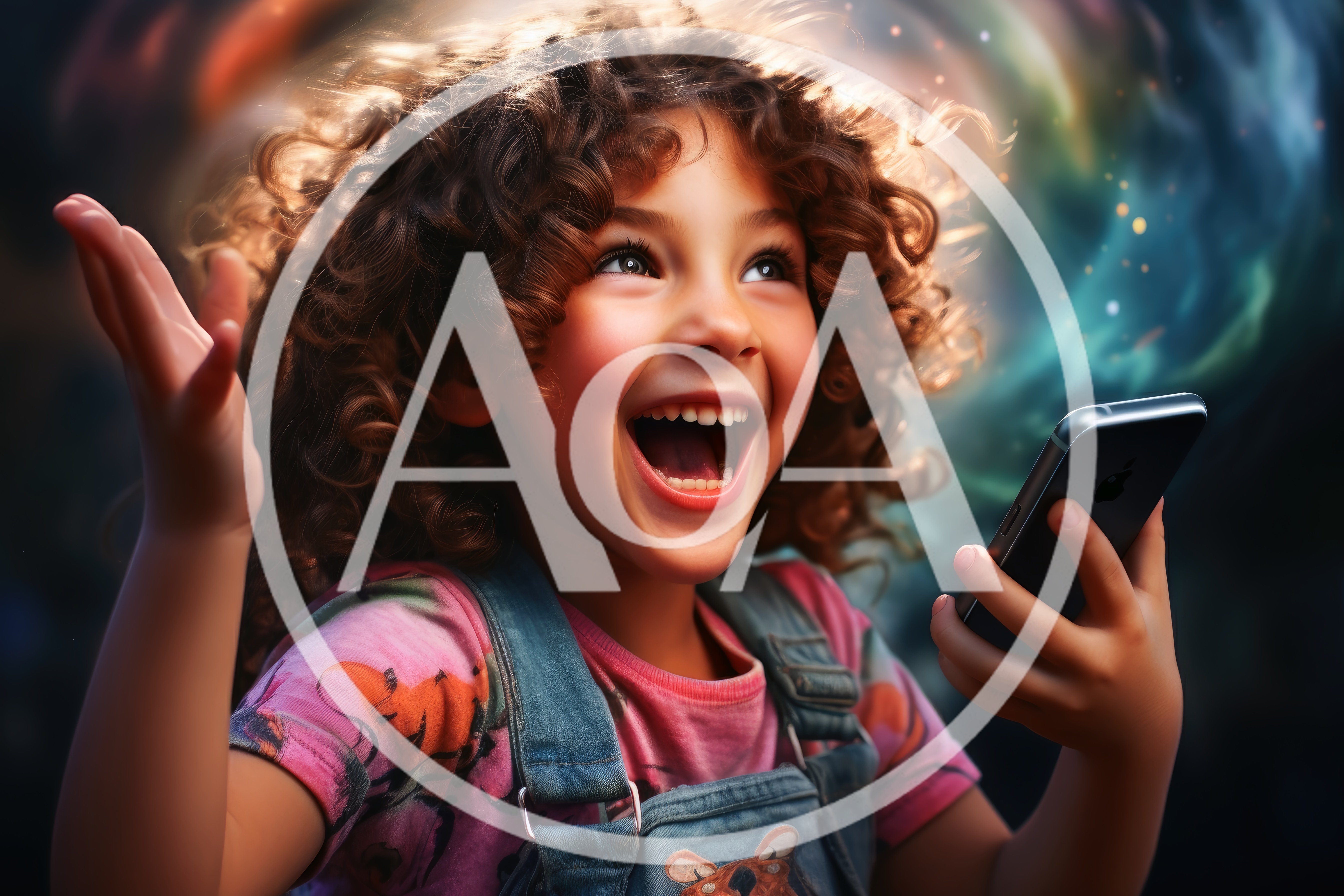Excited Young Girl Holding Smartphone With Magical Background