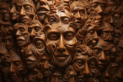 Intricate Wooden Carving Of Multiple Human Faces