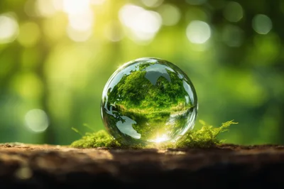 Glass Globe Reflecting Forest Landscape On Mossy Ground