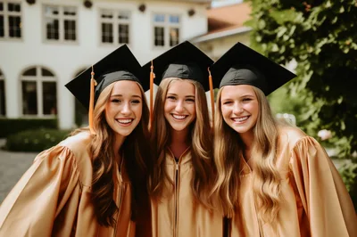 Three Happy Female Graduates In Gold Gowns