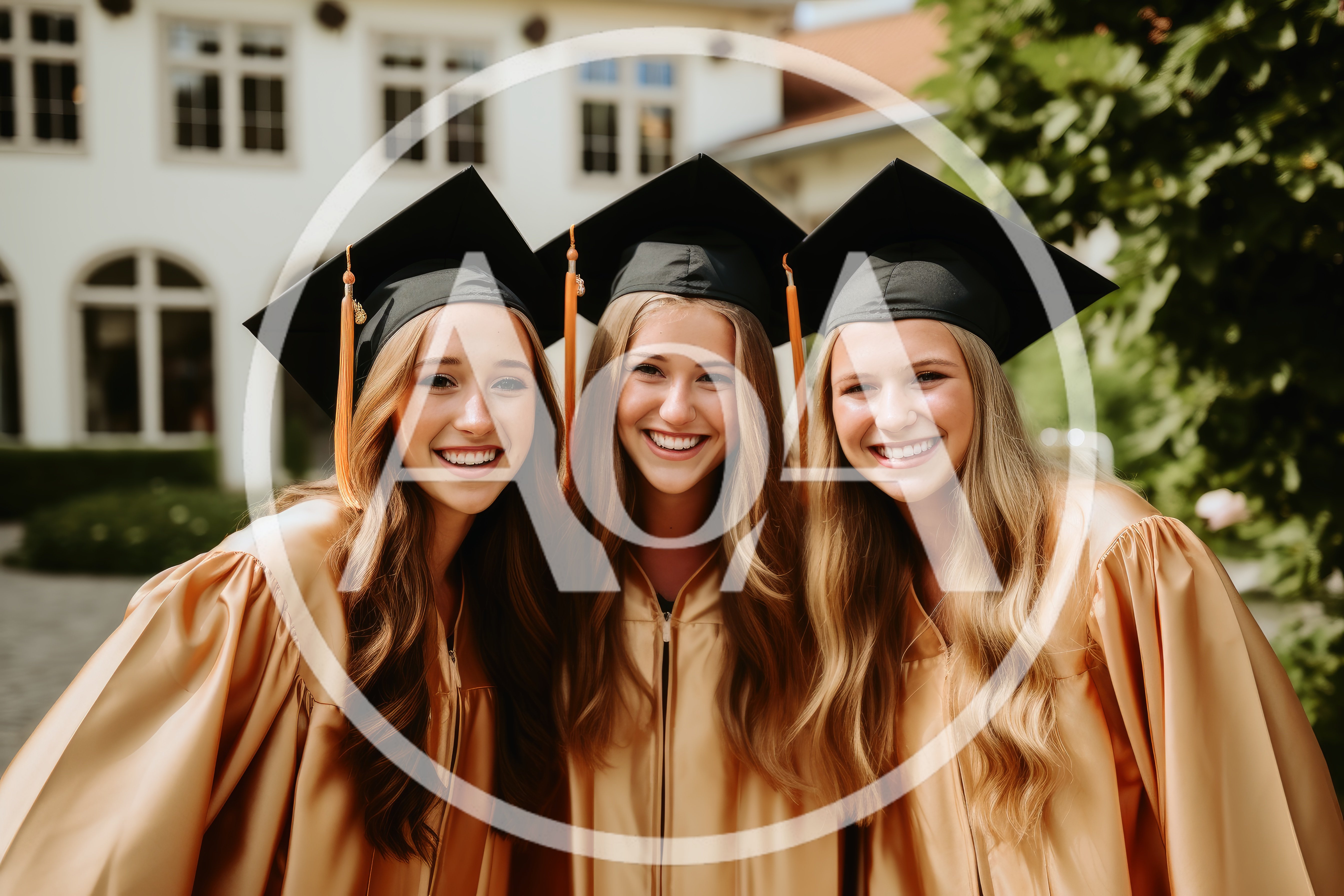 Three Happy Female Graduates In Gold Gowns
