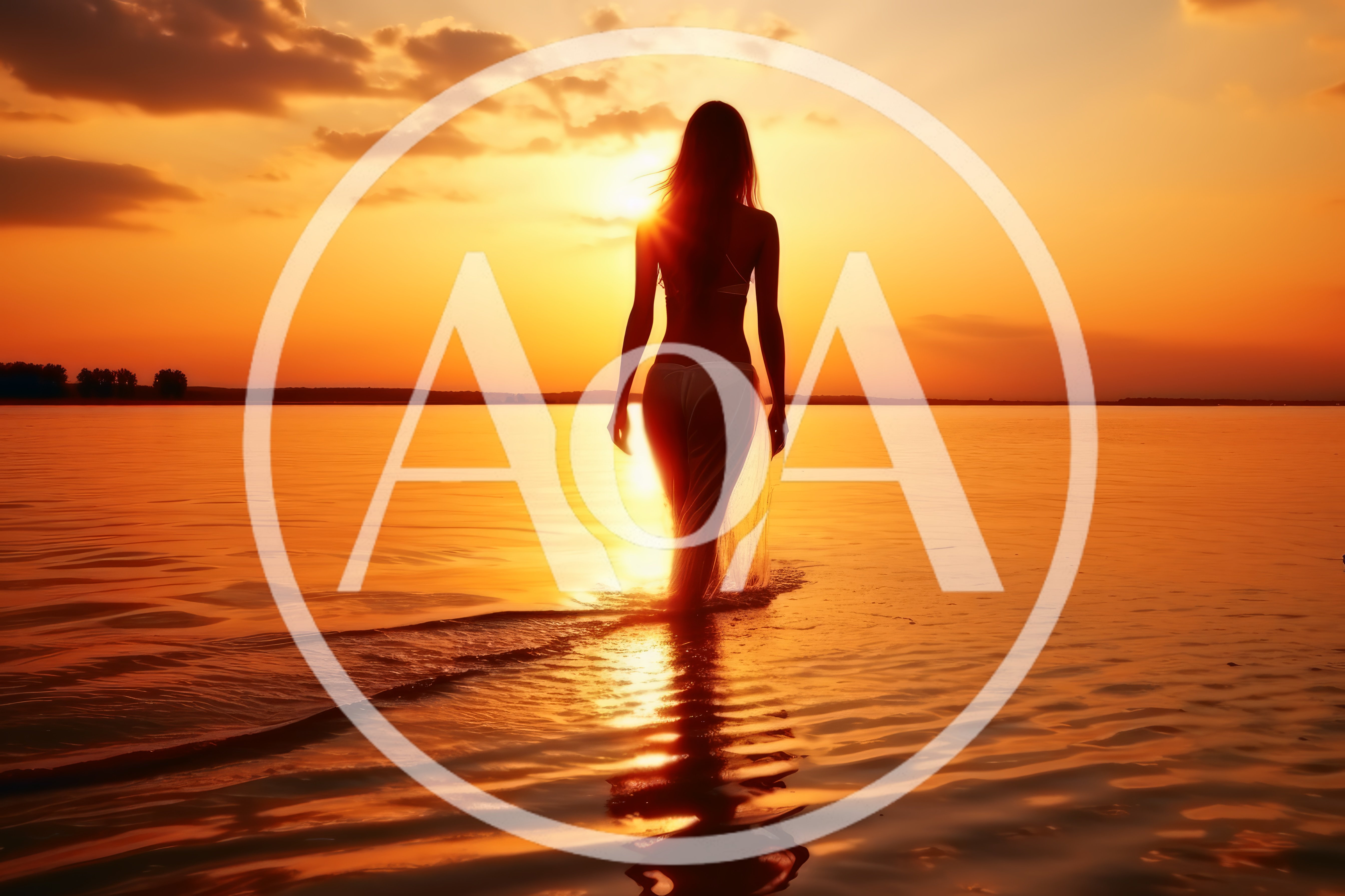 Silhouette Of A Woman Walking Into The Sunset Ocean