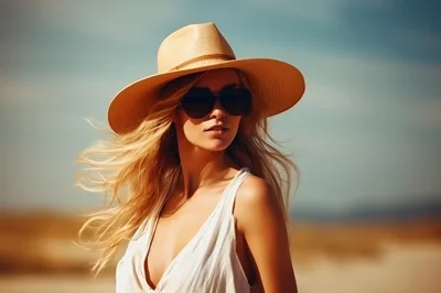 Blonde Woman Wearing Sun Hat and Sunglasses Outdoors