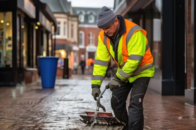 Street Cleaner Using A Manual Scrubber On Pavement