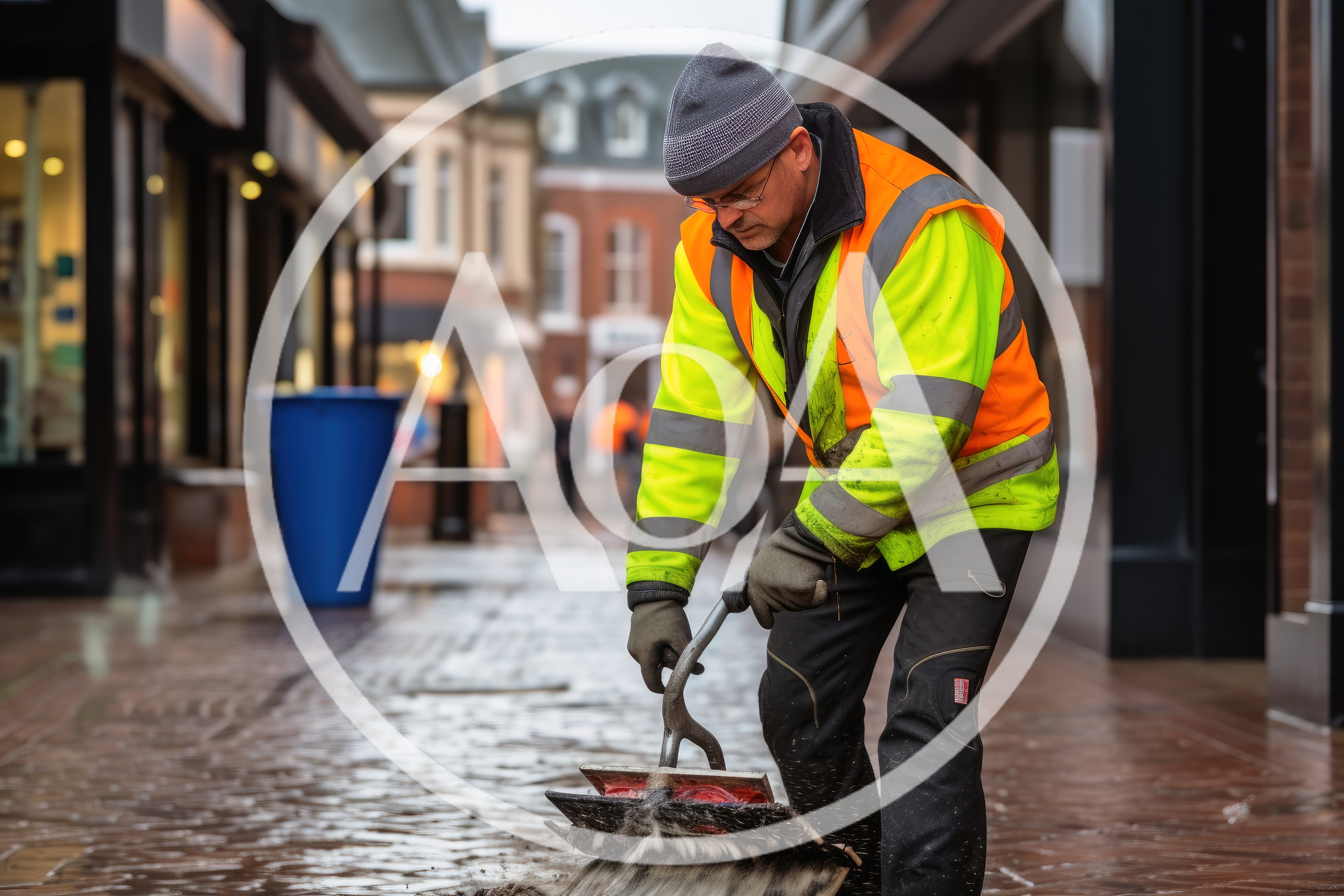 Street Cleaner Using A Manual Scrubber On Pavement