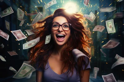 Excited Young Woman Surrounded By Falling Money