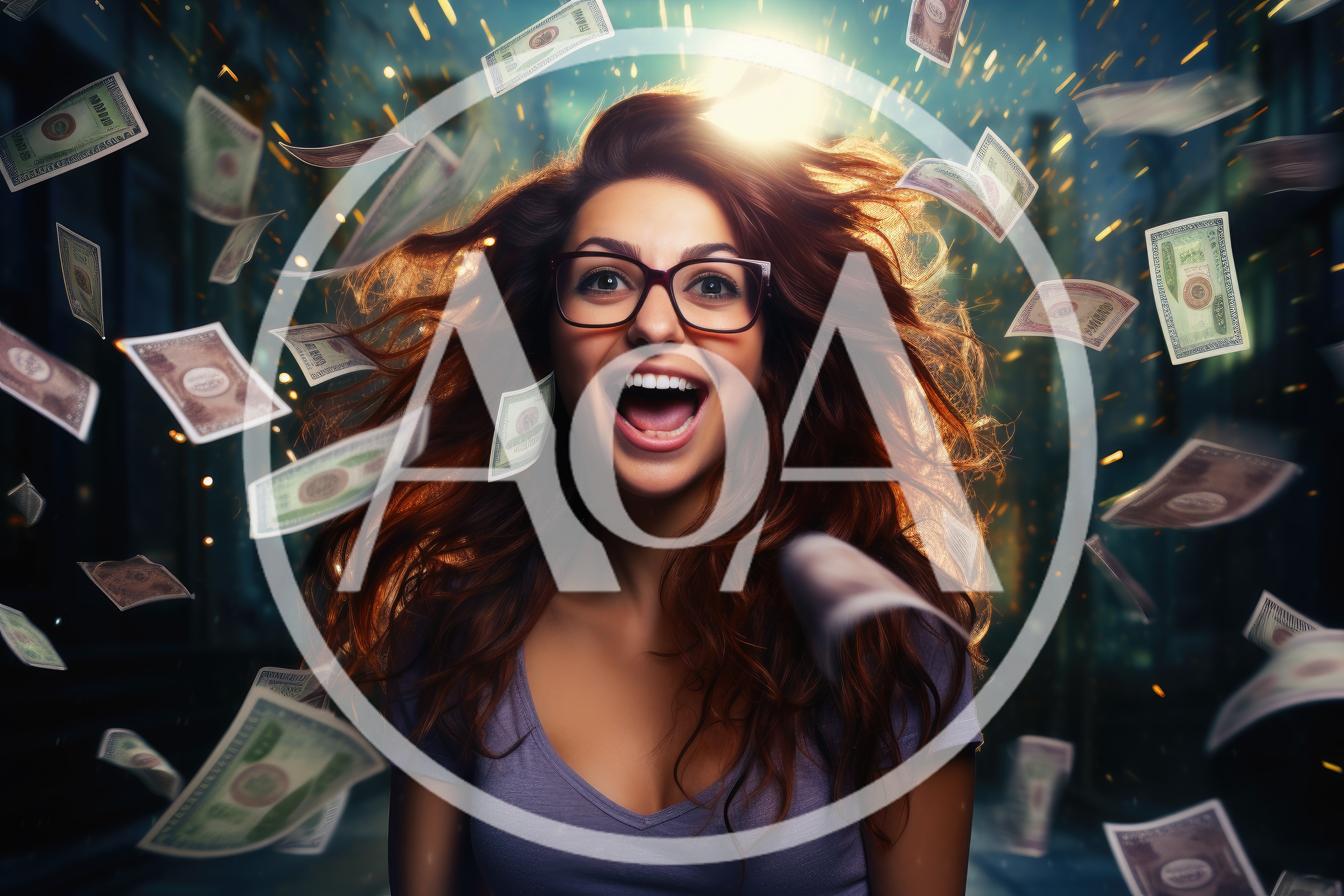 Excited Young Woman Surrounded By Falling Money