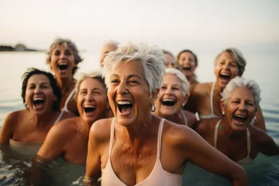 Group Of Joyful Mature Women Laughing In The Ocean