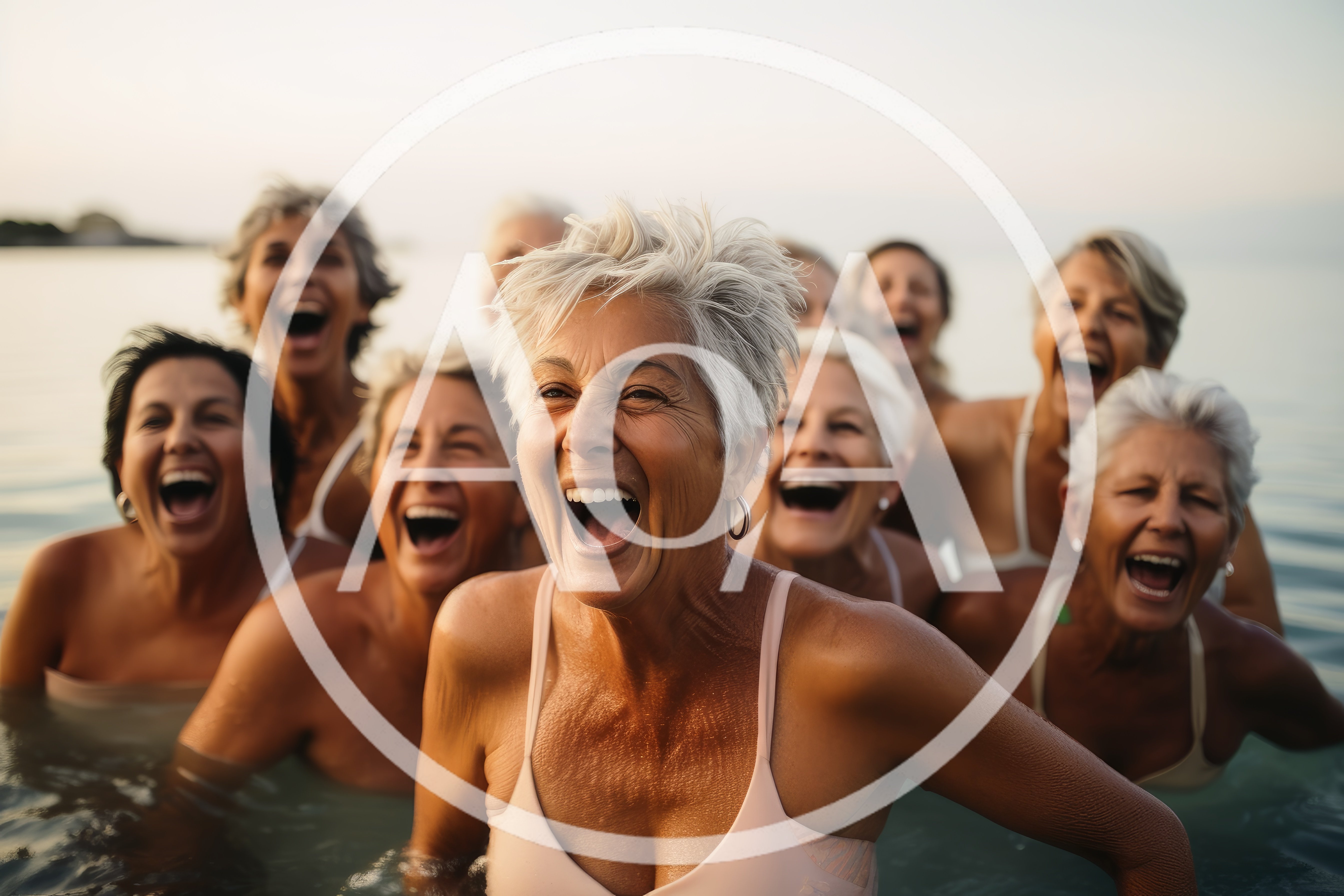 Group Of Joyful Mature Women Laughing In The Ocean
