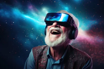 Elderly Man Experiencing Virtual Reality In Space